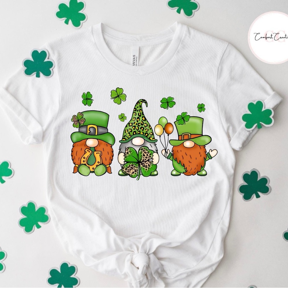 White and Green Short Sleeve Tee with Gnome Design